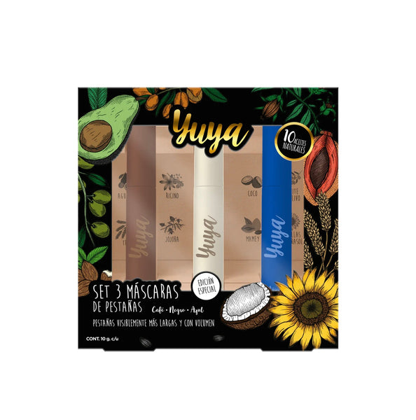 Set 3 máscaras de pestañas YUYA -  10 aceites naturales (Negra, Café, Azul)