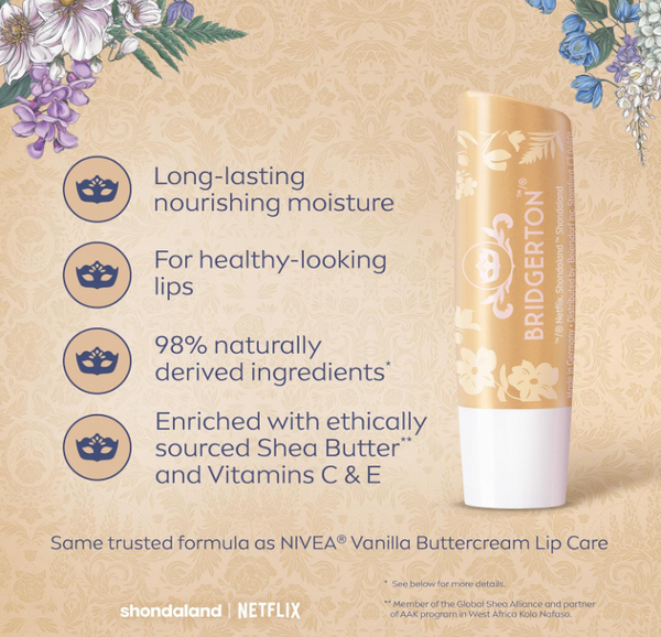 PREVENTA - NIVEA Vanilla Biscuit Lip Balm, Nourishing Lip Care, Bridgerton Edition Moisturizing